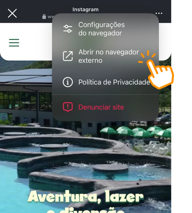 Print da tela do site mostrando o menu de opções do navegador do Instagram. Há um ícone de clique sobre a opção 