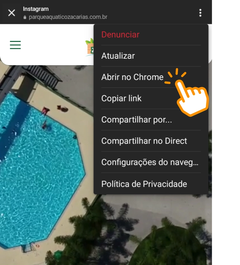 Print da tela do site mostrando o menu de opções do navegador do Instagram. Há um ícone de clique sobre a opção 